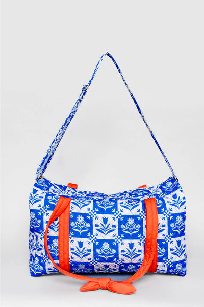 Duffle Bag, Blue Plaid Floral