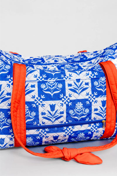 Duffle Bag, Blue Plaid Floral