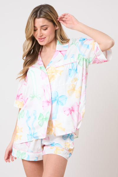 Multi Color Ribbon Printed Pajama Set