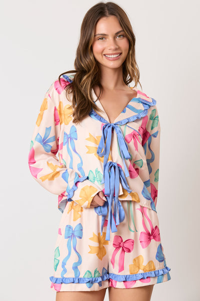 Multi Color Ribbon Printed Blue Pajama Set