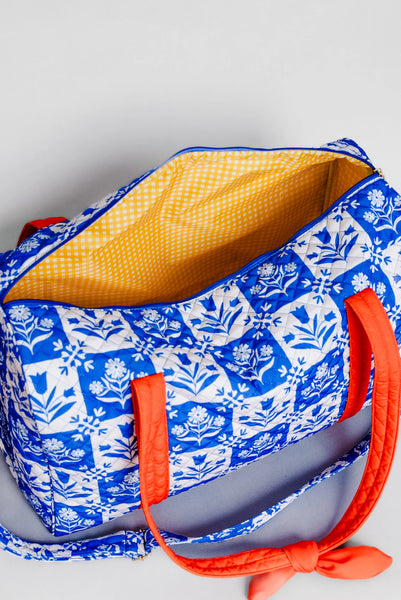 Duffle Bag, Blue Plaid Floral