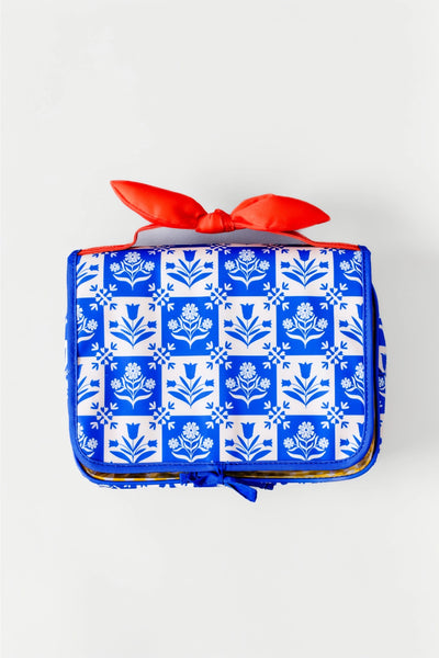 Hanging Toiletry Bag, Blue Plaid Floral